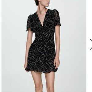 Mango Black and White Polka Dot V neck Midi Dress S short sleeve chiffon dress